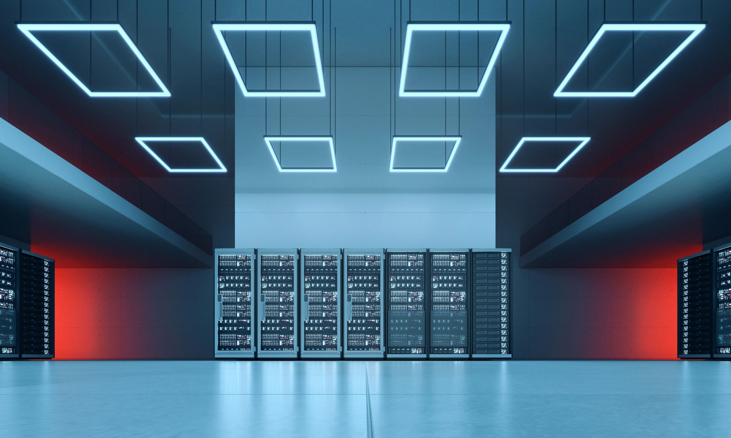 Modern data center corridor with illuminated server racks