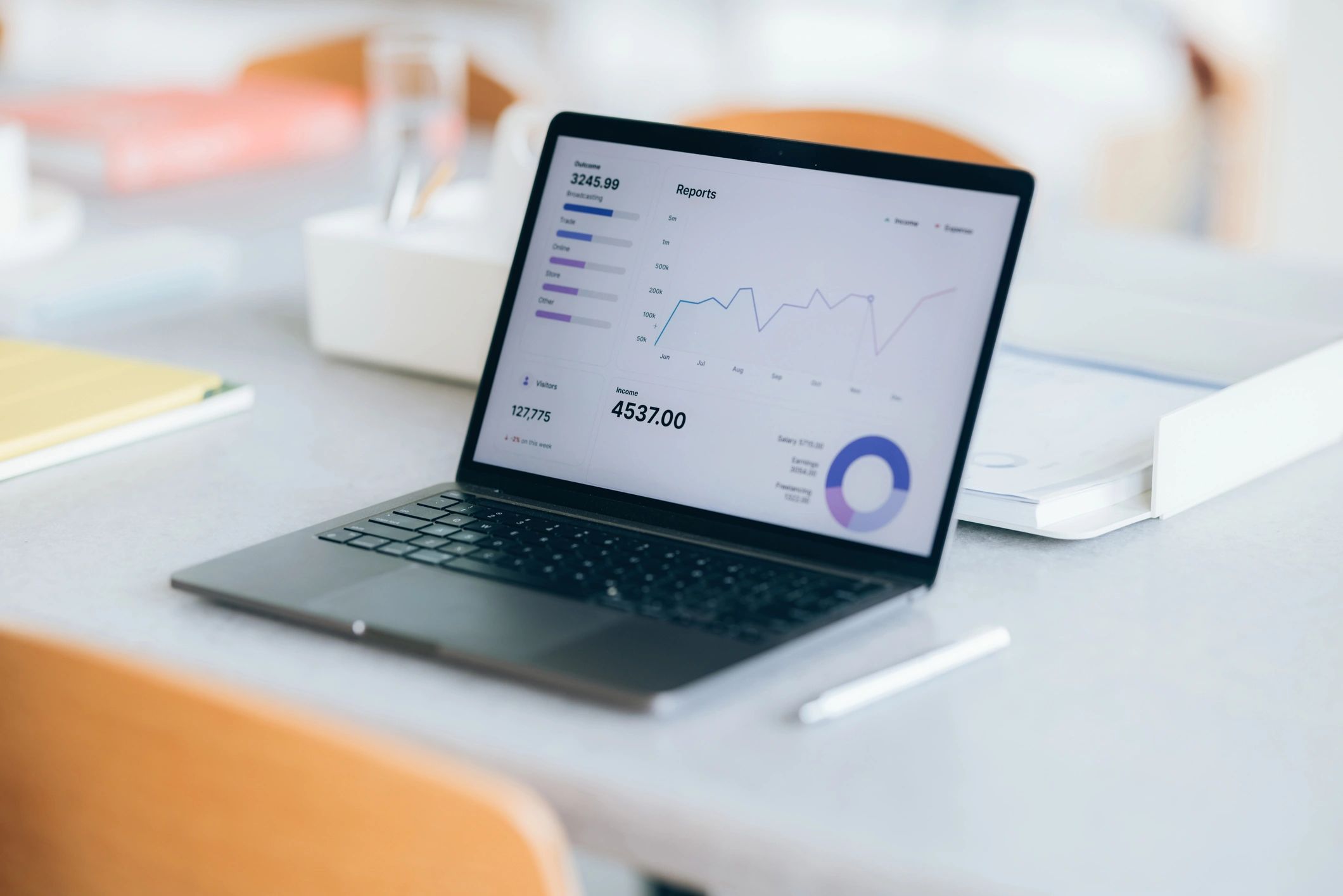 Laptop showing analytics dashboards on a modern desk