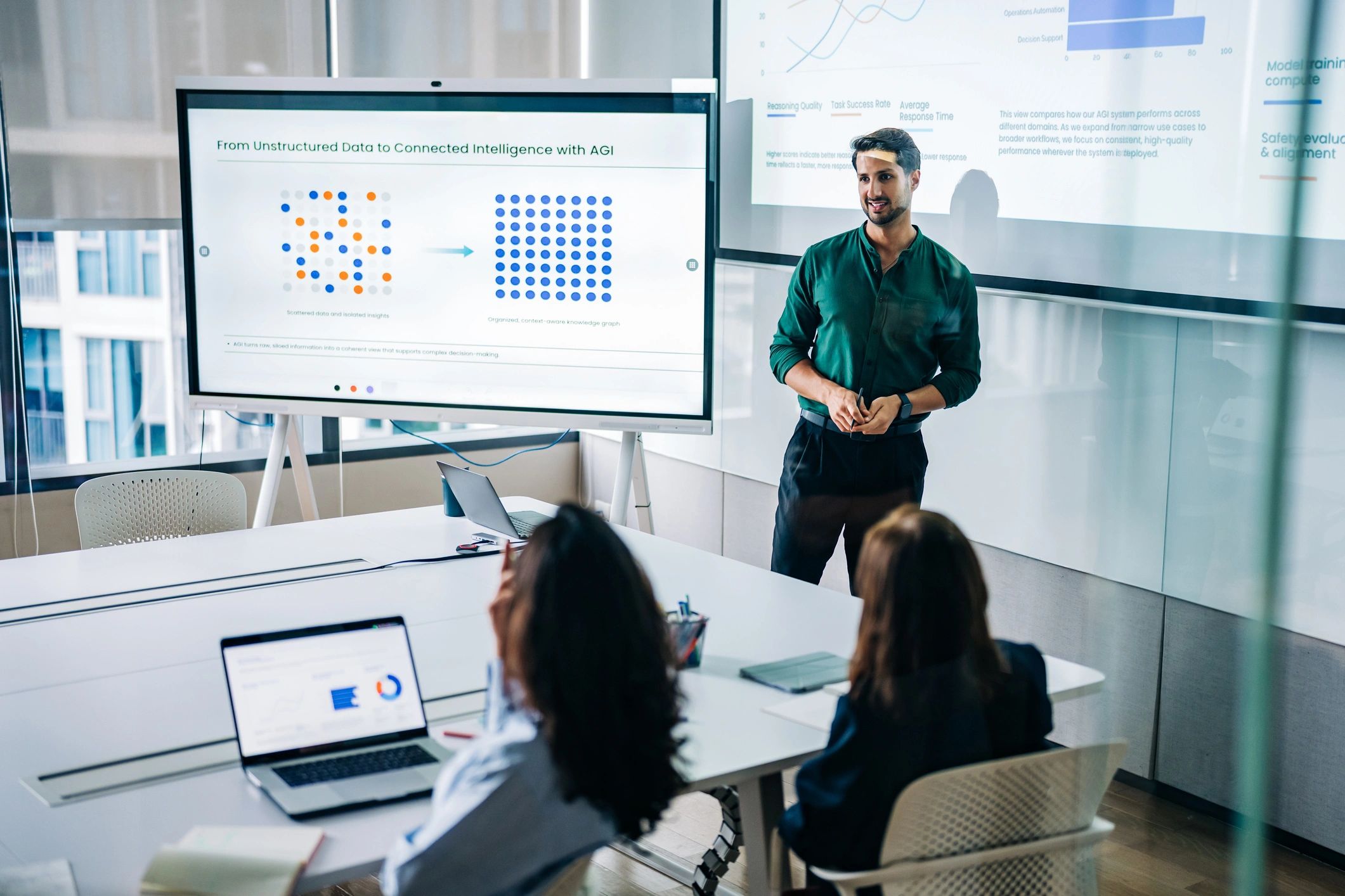 Consulting team reviewing digital transformation metrics